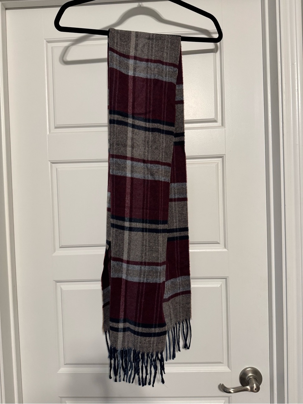 100% Lambswool Italian Burgundy Plaid Fringe Scarf - Unbranded